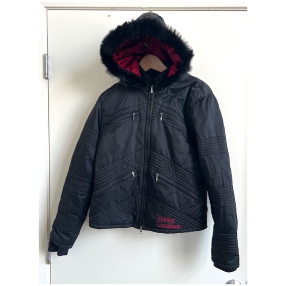 Harley-Davidson Medium Jacket with Real Fur Hood Trim Red Embroidered Back - Picture 7 of 15